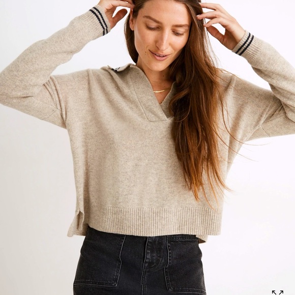 Madewell Tipped Davie Polo Sweater Heather Wheat Cozy Soft Merino Wool Sz. Small - Picture 1 of 12